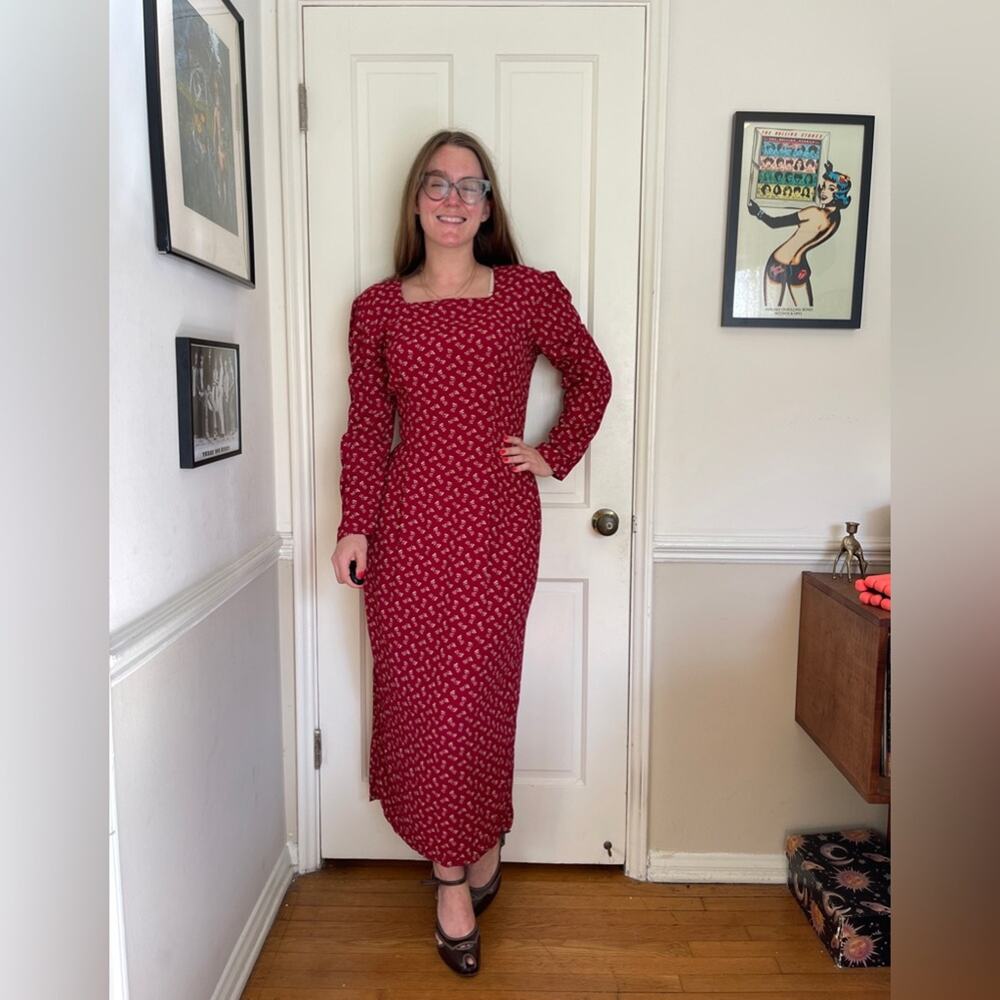 90s does 40s Red Leaf Prairie Dress